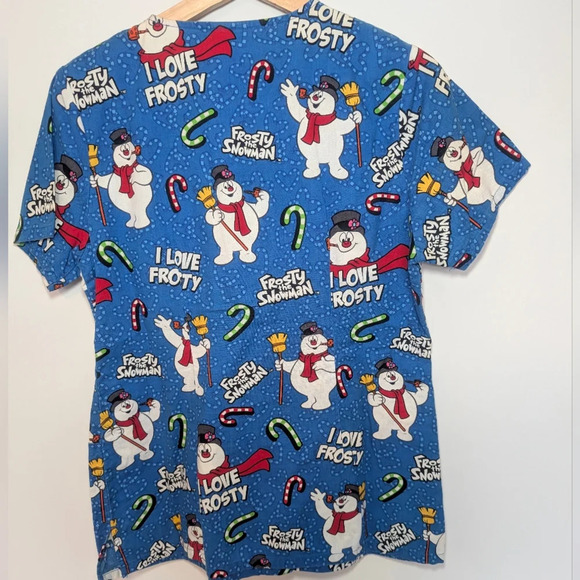 Frosty the Snowman Scrub Top Women's Size Small Blue Frosty Cotton Pockets - Picture 4 of 6